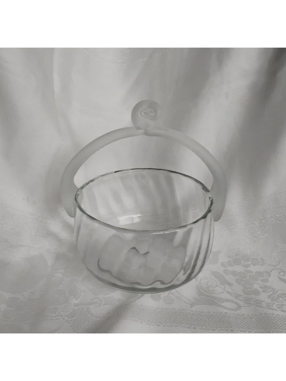 Vintage 70s Hand Blown Clear Art Glass Optic Basket, Frosted Satin Handle, MCM